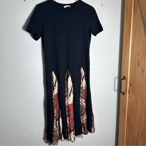 Zara Black Midi Dress with Red and Cream Patterned Panels